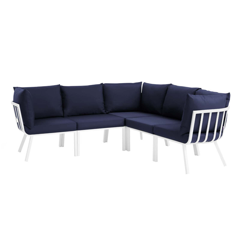 Modway Riverside 5 Piece Outdoor Patio Aluminum Sectional, Navy, White