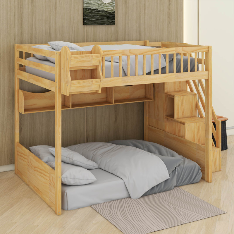Queen Size Wood Loft Bed Frame With Staircase,Storage Shelves & Wardrobe, Natural
