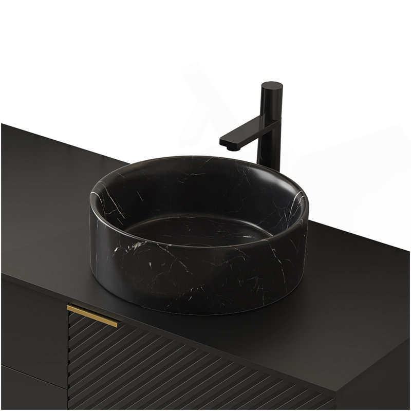 Lavabo de salle de bain rond 14 po en céramique avec motif de pierre, sans robinet, sans armoire, noir mat, Noir
