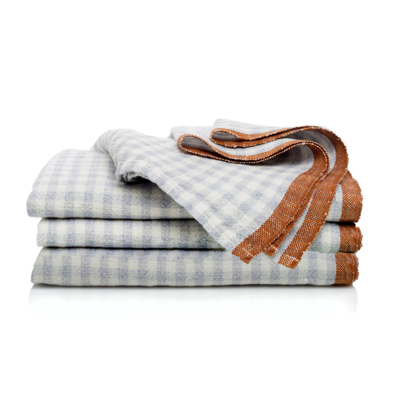 Gingham Linen Square Napkins, Blue/Cognac