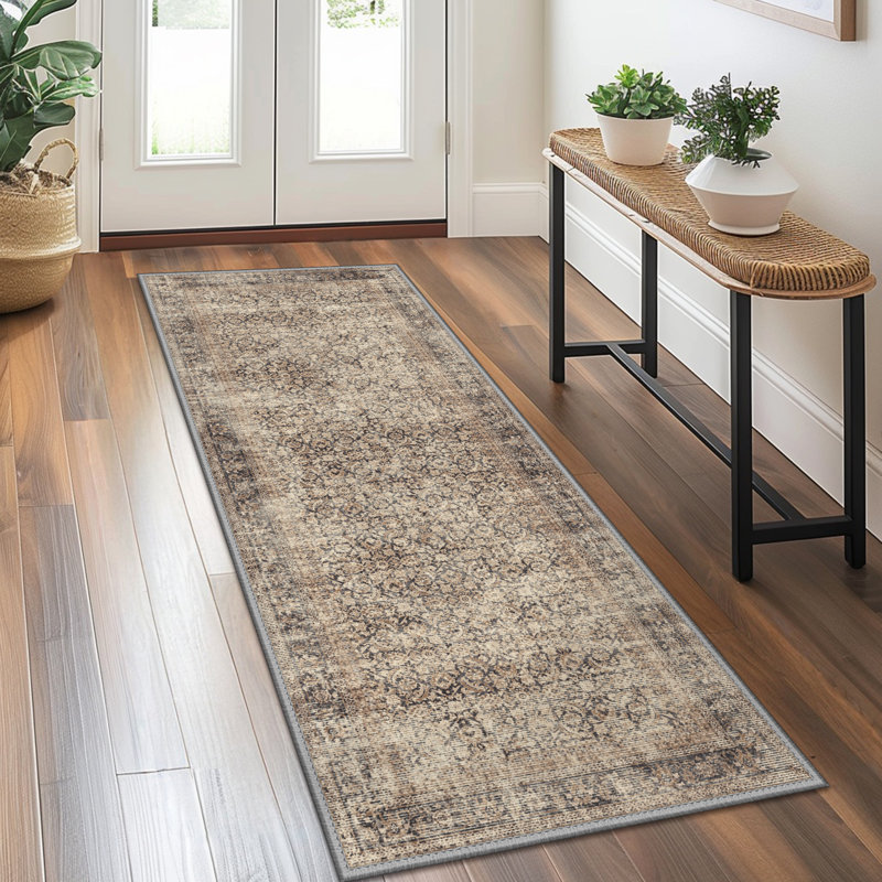 Vintage Distressed Oriental Washable Non-Slip Neutral Gray / Sage Indoor  Area Rug , Rectangle 9' x 12'