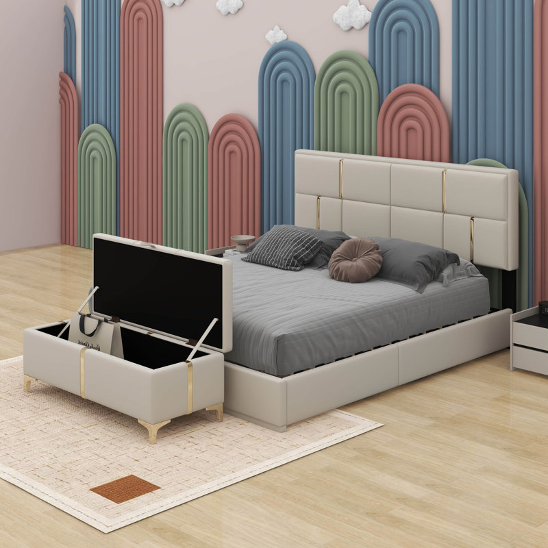 Grand lit plateforme tapissier avec système de rangement hydraulique, Beige