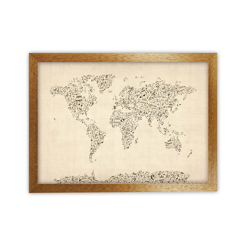 Music Notes Map Of The World by Michael Tompsett - Print, Brown Framed, 34cm H x 46cm W x 3cm D