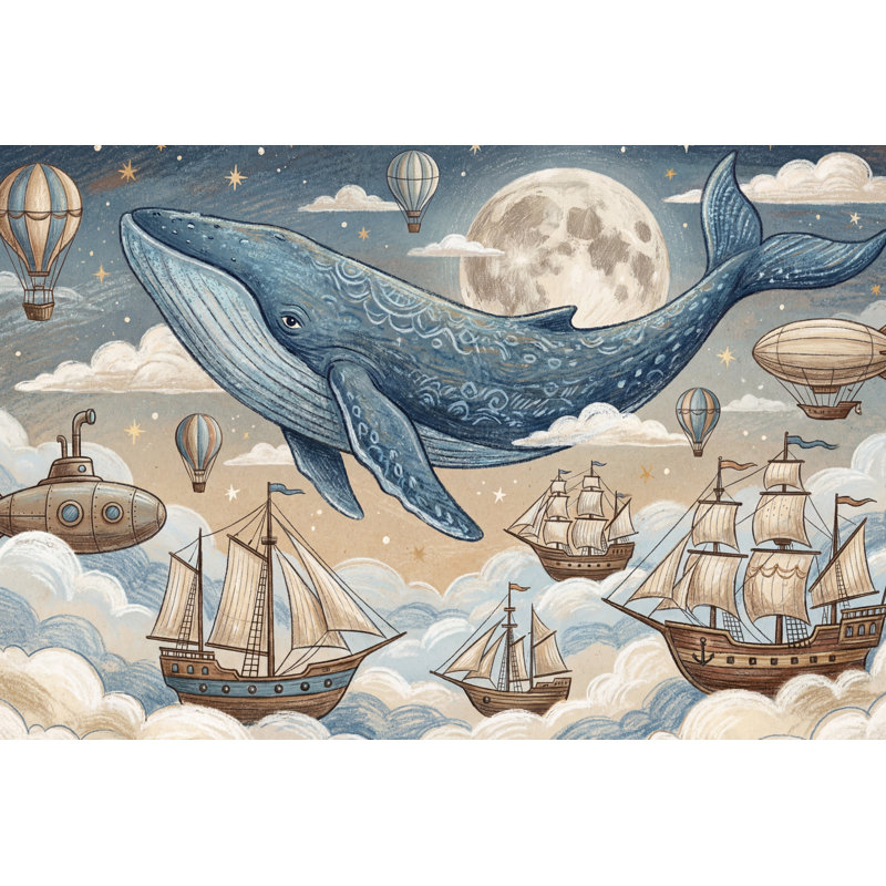 Murale baleine fantaisie nautique, Texturé non collé, 160 po x 108 po