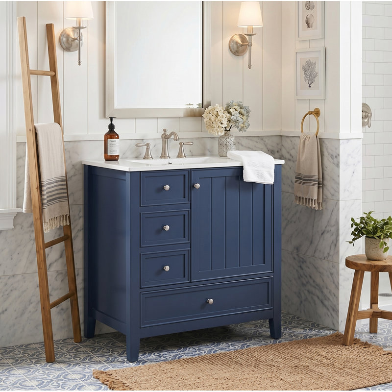 Meuble-lavabo simple autoportant de 30 po avec plateau en céramique et rangement de tiroir personnalisable, Blue