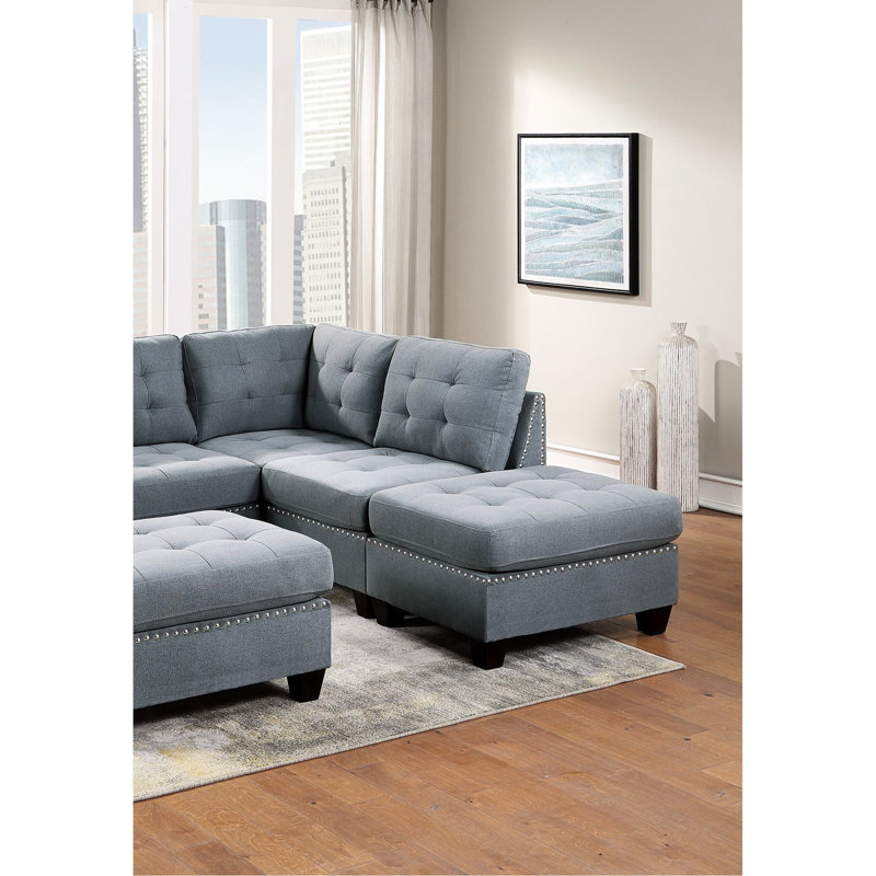 Canapé modulaire en tissu de lin gris 6 pièces - dossier avec 2 fauteuils sans accoudoirs et repose-pieds de coin modernes pour le salon