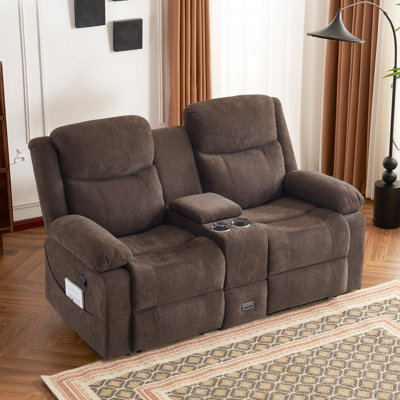 Canapé Power Brano, fauteuil inclinable manuel double avec massage et chaleur, dégagement pour chaise de causeuse pour véhicule récréatif avec poches latérales, rangement, porte-gobelets pour le salon