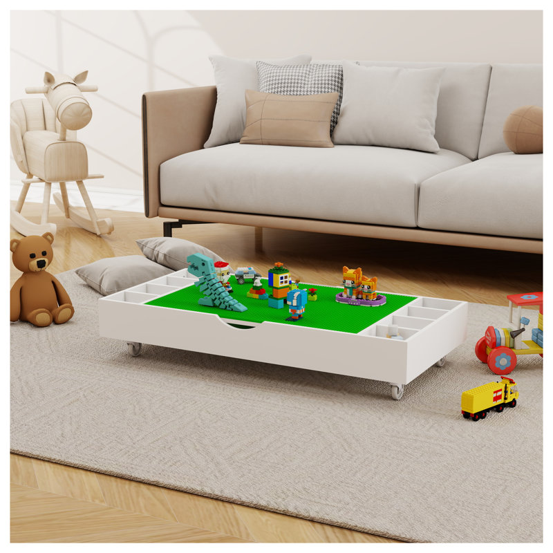 Table de jeu pliable 2-en-1 compatible avec rangement pour jouets Lego - Centre d'activités pour enfants blanc et vert avec cloisons amovibles et roulettes