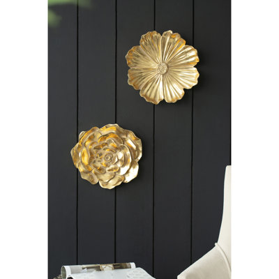 2Pcs Gold Rose Decorative Items, Rich Golden Tone, Intricate Flower Details, Versatile For Home Decor, Living Room, Hallway, Bedroom Wall Art - Of 2, Shade, Petal Design, Home, Bedroom, Hallway