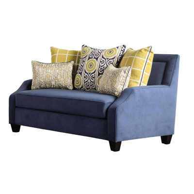Causeuse Omis, velours bleu marine, 5 coussins décoratifs, bois massif, 65 pouces