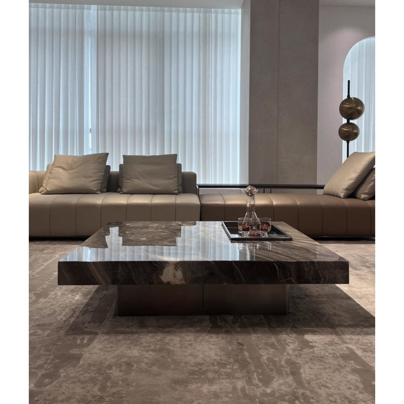 Minimalist Brown Marble Coffee Table, 11.81" H x 47.24" L x 47.24" W