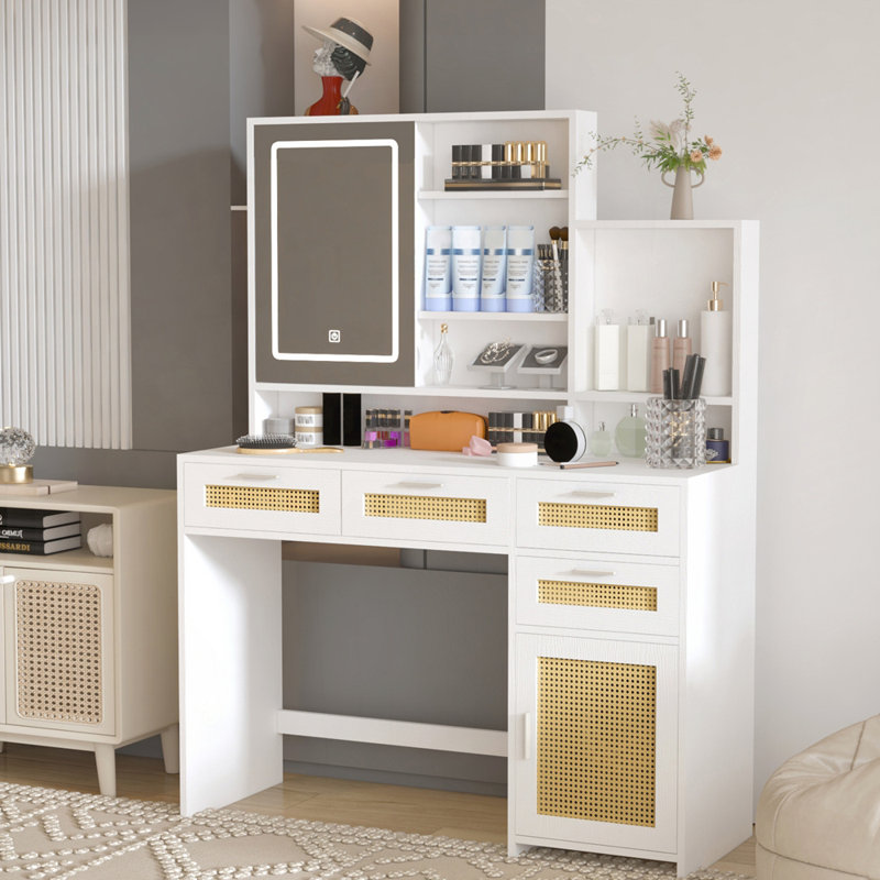 Multifunctional Makeup Vanity with Adjustable LED Lights, Storage Drawers, and Rattan Design for Organized Beauty Space
