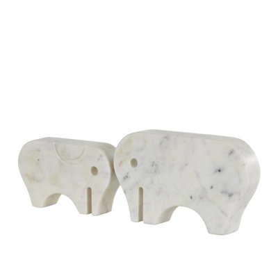Shuntay Marble Rounded Abstract Elephant Decorative White Sculpture with Gray Marble Veins and Cutouts Set