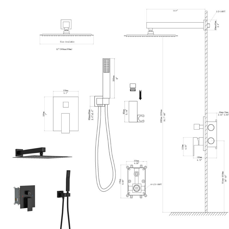 Pomme de douche double - carré de 12 pouces, noir mat, tête de bras, forme carrée, fixation murale, Noir mat