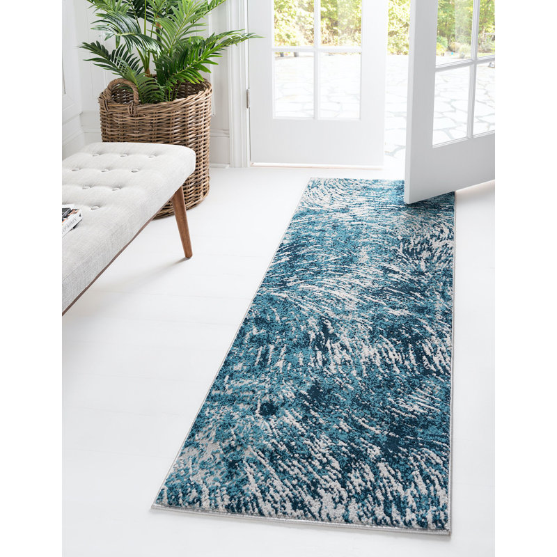 Tapis contemporain Araceli couleur mer / blanc, Tapis de couloir 2 pi x 12 pi