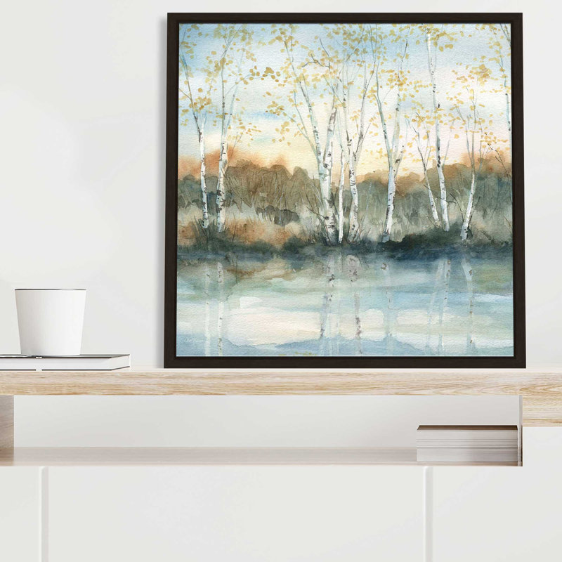 Birch Riverbank par Carol Robinson - Peinture, L 39,5 po x H 39,5 po, Encadrement brun