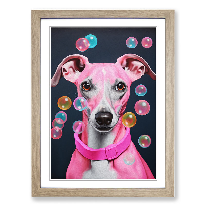 Whippet Bubble Gum Painting No.2 Framed Print, Oak , 34cm H x 25cm W x 2cm D
