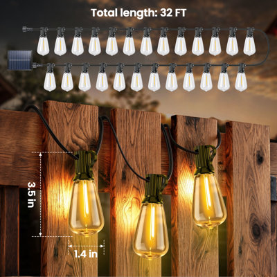 Guirlande lumineuse solaire d'extérieur de 9,75 m (32 pi), 25 ampoules DEL Edison blanc chaud avec télécommande, 8 modes d'éclairage, résistante aux intempéries, idéale pour décorer votre terrasse, votre jardin, votre mariage, Noël et vos barbecues.