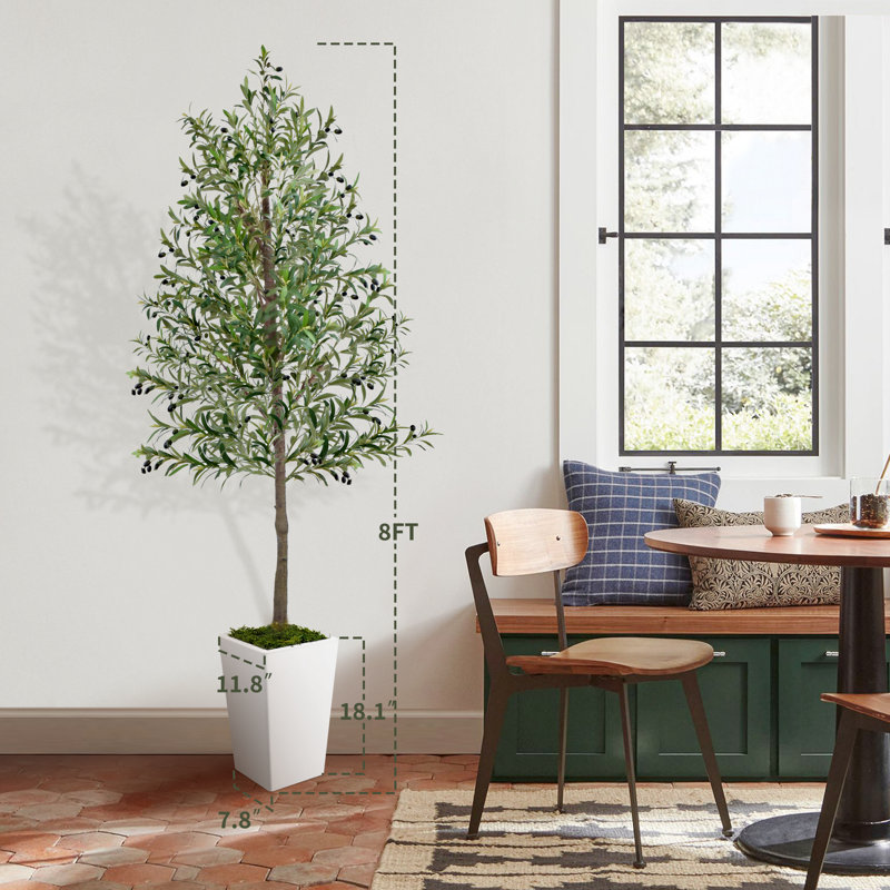 Paislee Artificial Olive Tree, Faux Olive Tree with Tall White Planter, Realistic Leaves, 96" H x 11.8" W x 11.8" D