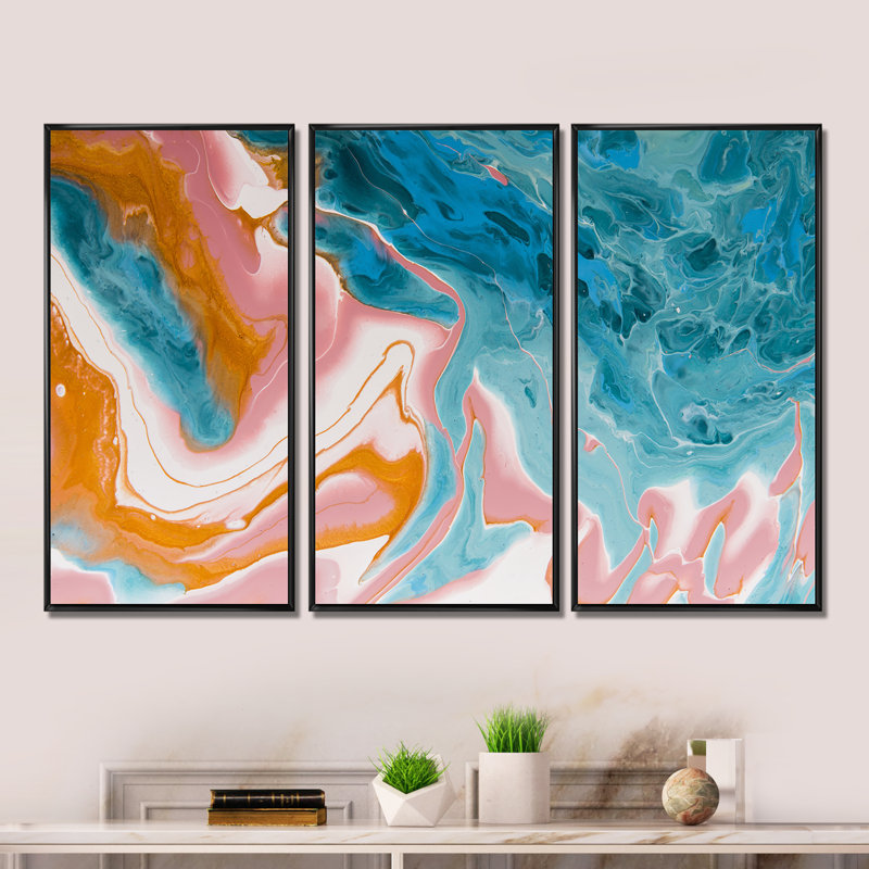 "Blue and Light Pink Marble", reproduction d'art sur toile 3 pièces, Cadre noir, H 28 po x l 36 po x P 1 po