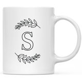 Custom Monogram Initial Coffee Mug Gift Letters A-Z, Laurel Leaves Custom 11Oz Ceramic Coffee Mug, 1-Pk