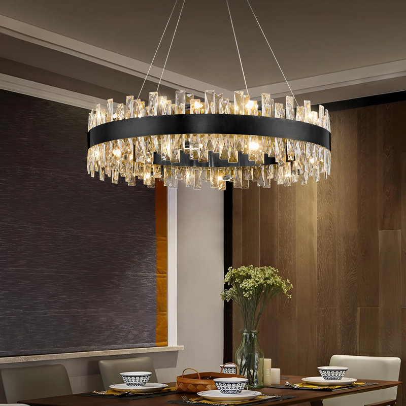 31.5 Inch Black Dimmable Round K9 Crystal Chandelier with Adjustable Height for Dining Room Kitchen Bedroom, Matte Black, 16