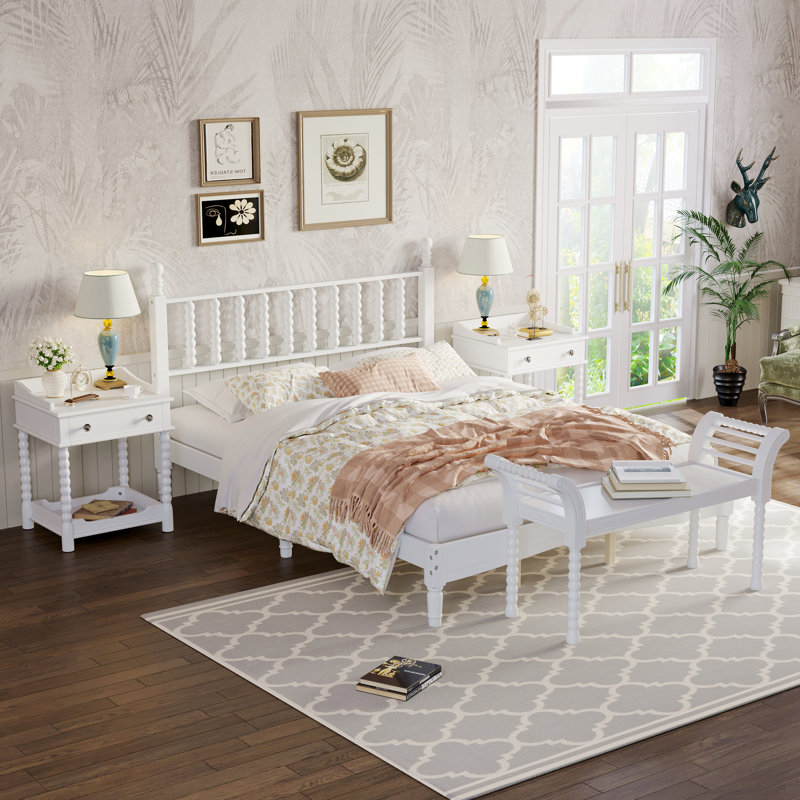 Ensemble de chambre à coucher de style rétro 4 pièces, grand lit plateforme avec tête de lit en forme de gourde, table de chevet et banc de rangement avec pieds tournés, blanc