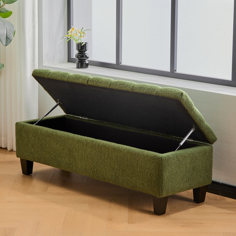 Banc repose-pieds avec rangement, surface bouclée verte, pieds en bois d'hévéa, capacité de 300 lb