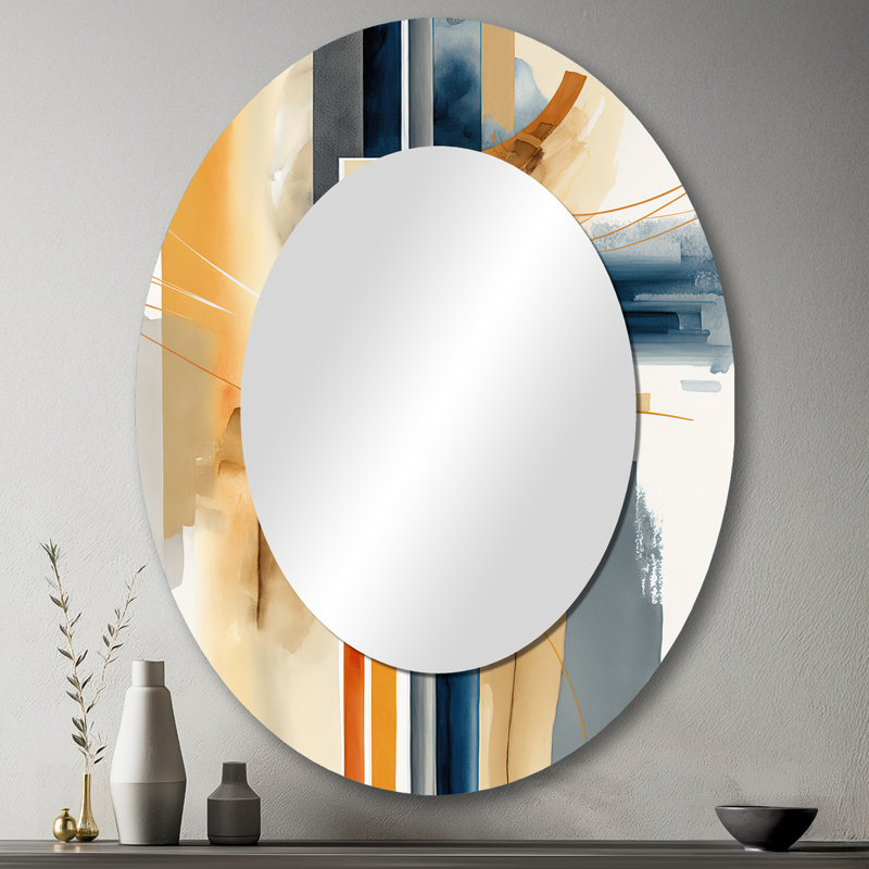 Abstrait moderne bleu et or II - miroir décoratif ovale abstrait sur métal, 43 po x 33 po