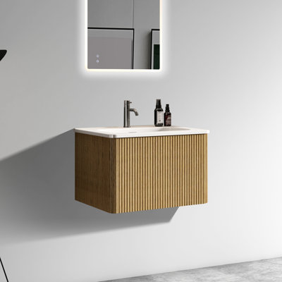 24" Bathroom Vanity - Striped Natural Oak & White Ceramic Sink Modern Wall Mounted Look Curved Edges For Assurance Push Open Drawer Storage Option With Design Function