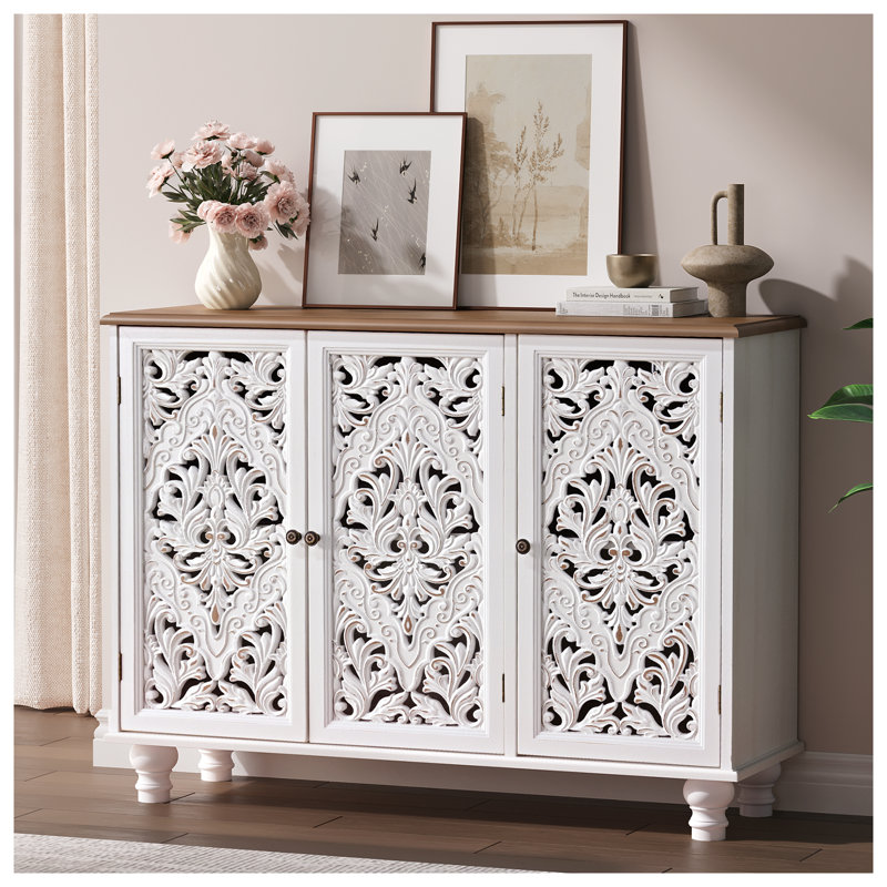Accent Cabinet With 3 Doors, Storage Cabinet With Solid Wood Legs And Adjustable Shelf, Sideboard Buffet For Living Room, Entryway, Dining Room, Bedroom, White