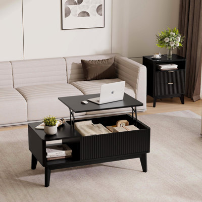 Mid-Century Modern Black 2 Drawers End Table, Lift-Top Coffee Table With Storage For Living Room