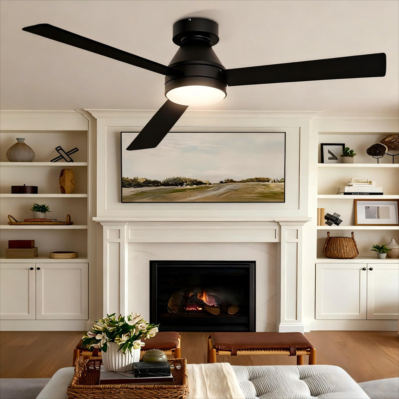 52 po Ventilateur de plafond intérieur / extérieur noir avec lumière et télécommande, DEL à intensité variable, 3 couleurs, réversible à 6 vitesses DC, silencieux
