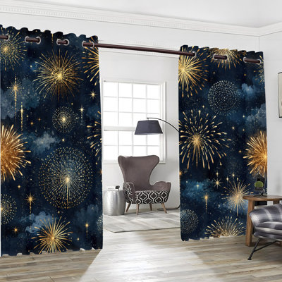 2PCS Grommet Top Blackout Window Curtains, Festive Galaxy Firework Pattern Printed Drapes, Thermal Insulated, Noise Reducing, Privacy Protection, Room Darkening Decorative Window Treatments for Bedroom Living Dorm Home Decor