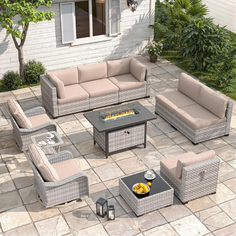 8 - Person Outdoor Rattan Furniture Patio Set with Fire Pit Table, Beige