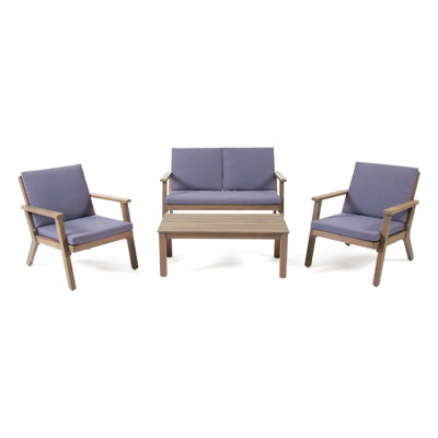 Temecula Outdoor Acacia Wood 4-Seater Chat Set_Loveseat&Coffee Table&2 Club Chairs - Gray Finish + Dark Gray Cushion