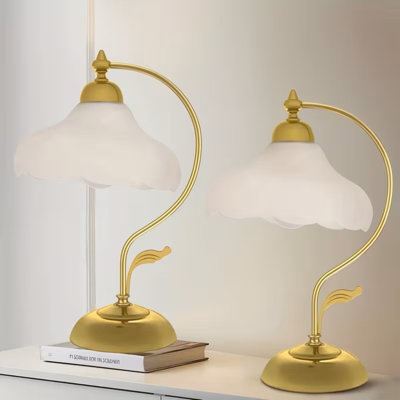 Ensemble de 2 lampes de table modernes à pétales de fleurs dorées rétro avec abat-jour en verre - inclinées, incluses, nuit simple 17,32 pouces pour le chevet, salle à manger (métal et verre)