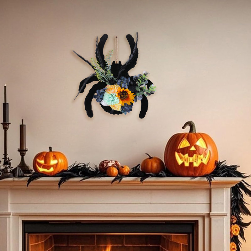 Couronne d'araignée 11,8 po avec tournesols et plumes noires, pendentif en bois pour décoration de porte d'entrée Halloween