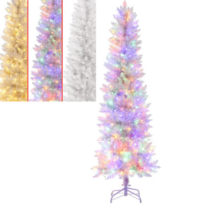 Sapin de Noël blanc fin pré-illuminé de 1,80 m, 250 lumières DEL à couleurs changeantes, 571 branches, 8 modes, sapin crayon peu encombrant pour les petites pièces