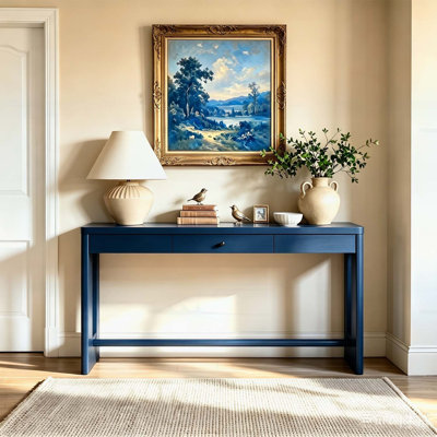 Table d'entrée en bois 59,8 po avec placage de chêne, console rétro avec tiroir et poignée ronde, multifonctionnel pour les couloirs et les salons