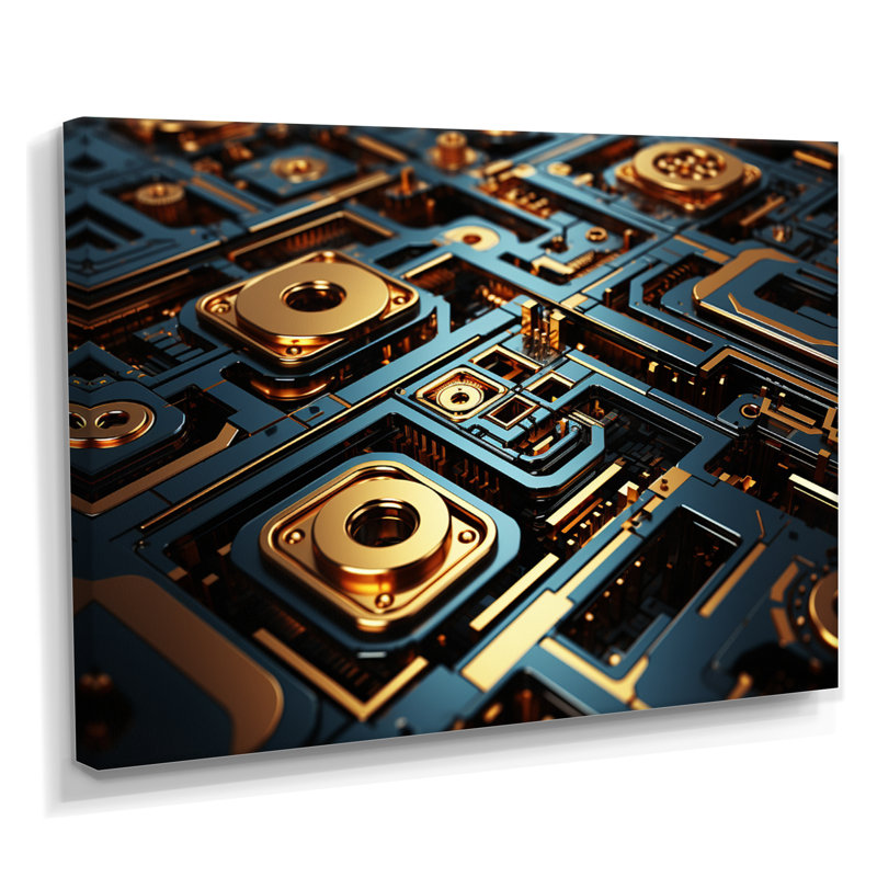«Blue Gold Mainframe Mécanics», reproduction d'art abstrait, Toile tendue, H 24 po x l 32 po x P 1 po