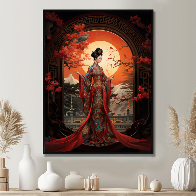 Beauté asiatique en kimono rouge - art mural Japon, H 32 po x l 24 po, Cadre flottant noir