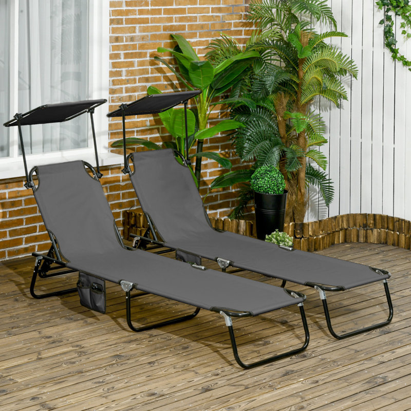 Folding Chaise Lounge Pool Chairs, Outdoor Sun Tanning Chairs With Canopy Shade, Reclining Back, Steel Frame And Side Pocket For Beach, Yard, Patio