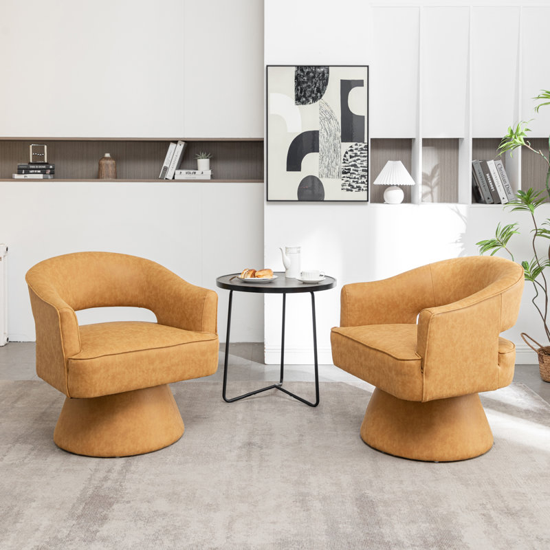 Fauteuil demi-tonneau pivotant en similicuir Kiersten, Similicuir jaune, 2