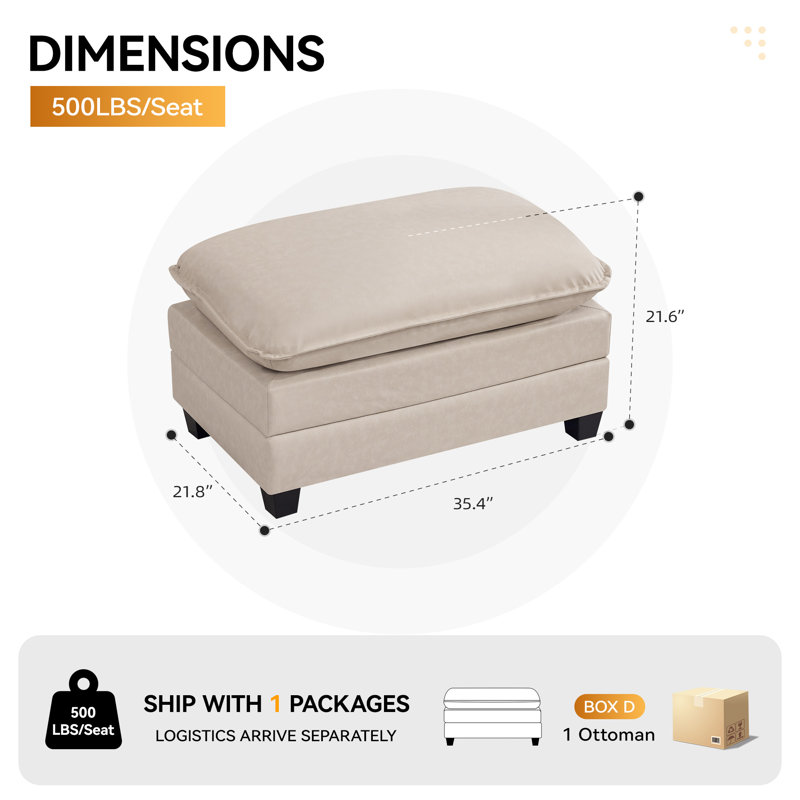Repose-pieds rectangulaire modulaire en similicuir 35,4 po pour canapé modulaire, Beige