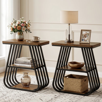 Table de chevet industrielle à 3 niveaux avec tablettes de rangement ouvertes, table d'appoint de 23,62 po avec structure en métal incurvée, table de chevet compacte pour la chambre à coucher et le salon