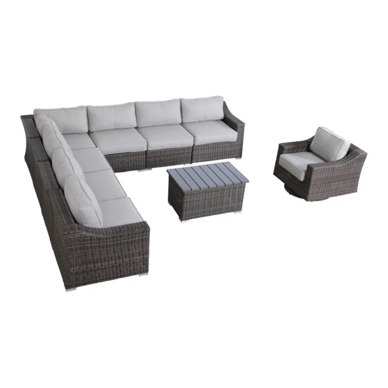 Ensemble modulaire d'extérieur en osier pour 7 personnes avec coussins, pré-assemblé