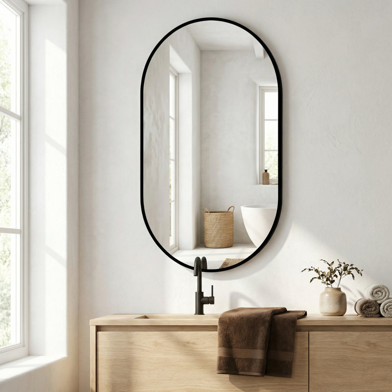 Black Metal Oval Mirror, 20 X 33 Inches, Wall-Mounted