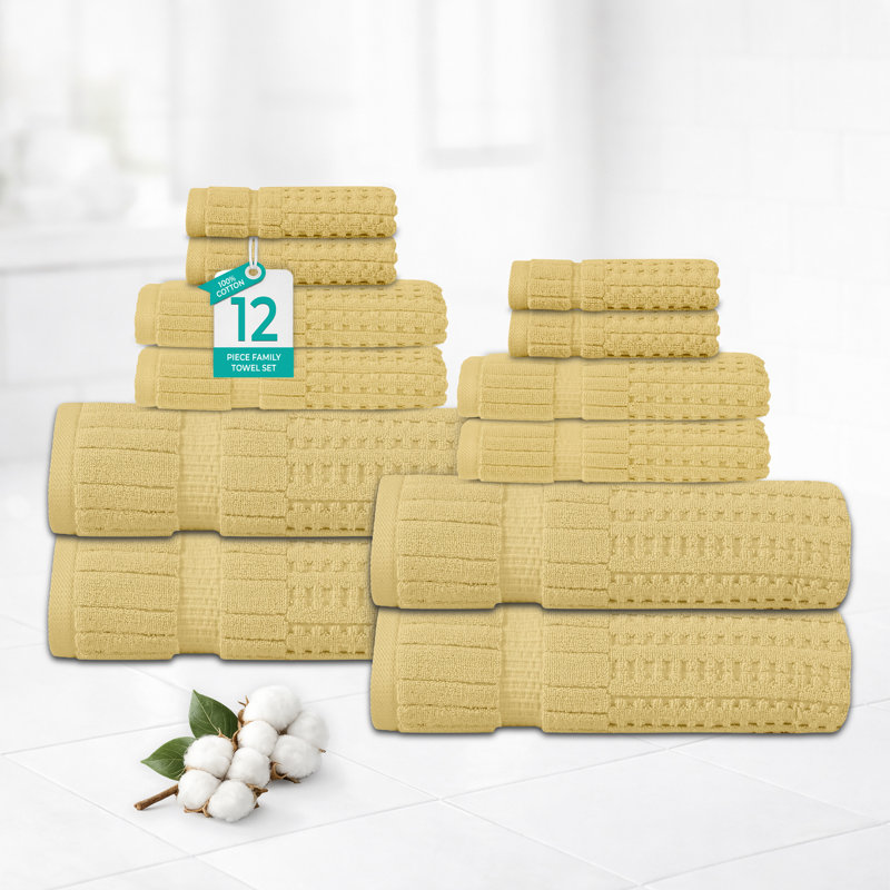 Willow 12 Pieces Towel Set – 100% Combed Cotton, Premium Quality 630 GSM, Yellow, Ultra-Soft & Highly Absorbent (4 Bath, 4 Hand, 4 Wash Towels set)