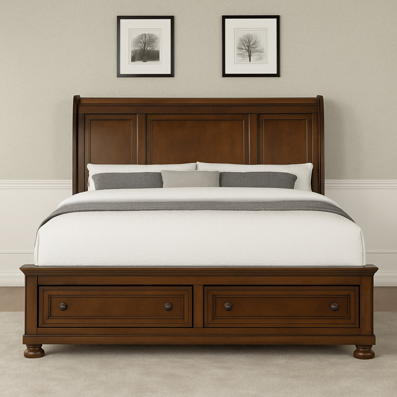 Ensemble de chambre en bois Eedie, Grand lit, Deux articles : lit, table de chevet